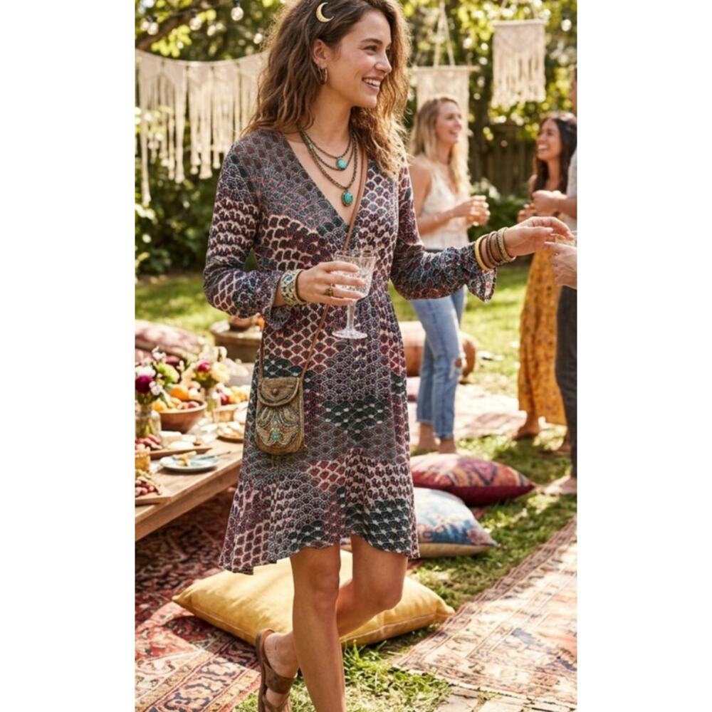 Anthropologie Maeve Monaco Empire Fan Print Long Sleeve Dress XS Oversized EUC